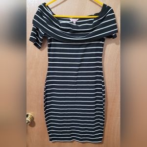 Juicy Couture Women Black & White Striped Ribbed Off Shoulder Dress Small